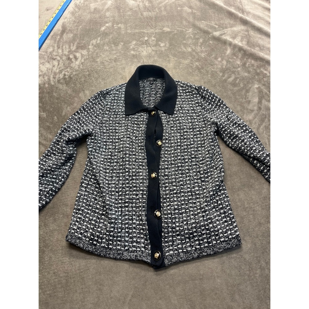Talbots Petite Black White Marled Knit Cardigan Gold Crest Button Sweater P